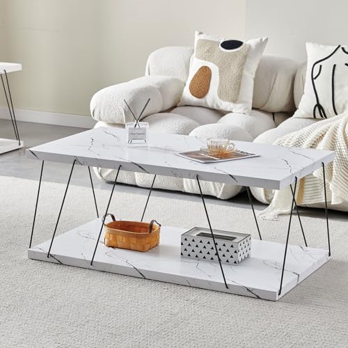 Modern white marble coffee table with a wooden base, featuring a stylish rectangular design and elegant high-end finish, perfect for contemporary living rooms. 