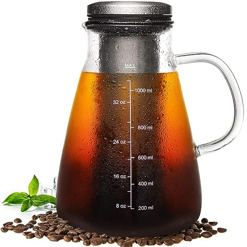 34oz YMMIND Cold Brew Iced Coffee Maker with BPA-free glass pitcher and stainless steel double mesh filter, perfect for brewing smooth cold brew coffee