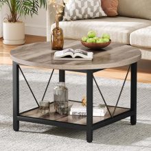 Round Coffee Table with Rustic Wood Finish and Metal Frame – 2-Tier Design with Adjustable Legs for Stable Placement in Living Room