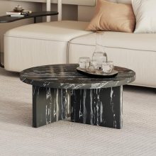 Elegant 31.4-inch round faux marble coffee table with a sleek black design and sturdy MDF legs, perfect for modern living rooms and stylish decor.