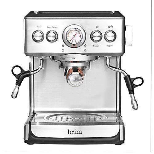 Brim 19-Bar Espresso Maker in Silver with Microfoam Wand, High-Pressure Gauge, and Complete Barista Accessories