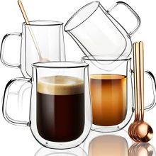 Set of 4 COMOME Double Wall Borosilicate Glass Coffee Mugs with Spoons. 16 oz clear mugs with double-layer insulation for hot beverages like cappuccino