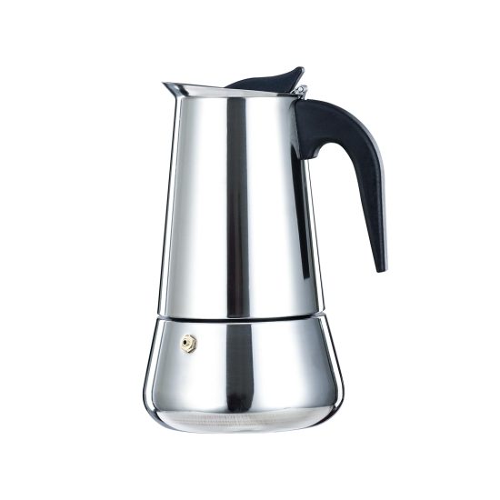 Classic 12-cup stainless steel Moka pot on a stovetop, suitable for all types of stoves, with a sleek design for making rich espresso.