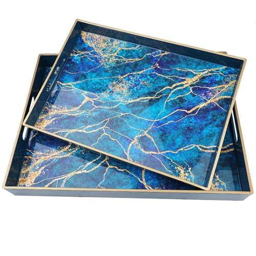 Set of 2 Spsyrine Marble Decorative Plastic Serving Trays with Handles – Large 15.7” x 11.8” and Small 13.7” x 9.8” for Living Room, Kitchen, and Bathroom