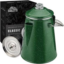 COLETTI 12-Cup Green Stainless Steel Campfire Coffee Percolator with hanging handle and glass top, perfect for brewing coffee over a campfire or stovetop during outdoor adventures