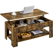 Rustic brown lift-top coffee table with hidden storage compartment and adjustable bottom shelf, featuring a spring-loaded mechanism and durable construction for living rooms and reception areas