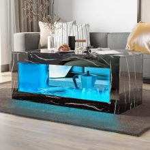 47.2-inch modern LED coffee table with black high gloss finish, large open storage, and 16-color LED lights for living room decor.