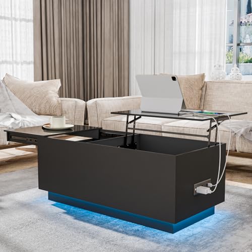 Black modern lift top coffee table with LED lights, power outlets, USB ports, and hidden storage compartments in a contemporary living room setting.