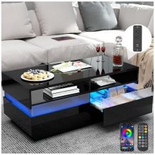 Modern Black LED Coffee Table with Charging Station – High Gloss Finish, 2-Tier Design with Storage Drawers and App Control