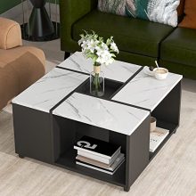 31-Inch Modern Coffee Table with UV Gloss Marble Surface and Casters – Stylish Black and White Design with Removable Tray