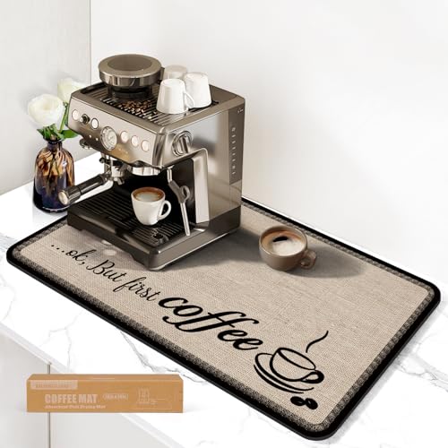 Coffee mat for countertops: 12'' x 19'' anti-slip, highly absorbent PU+Rubber mat for coffee makers, dish racks, and more