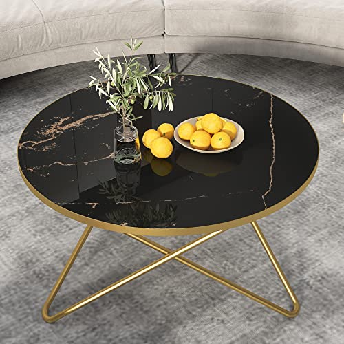 HLR Round Coffee Table with black faux marble top and unique V-shaped metal base, ideal for modern living rooms and offices.