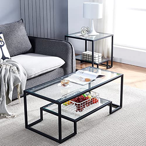 Modern black metal coffee table with glass top and two shelves, suitable for living rooms, bedrooms, and offices.