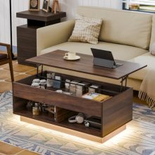 Modern walnut lift-top coffee table with LED lighting, hidden storage, and metal frame for living room.