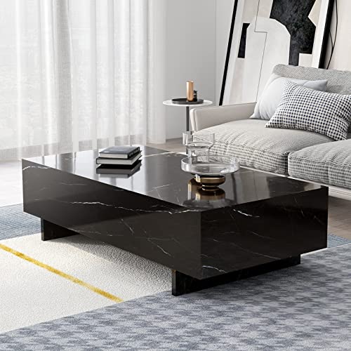 Black Marble Rectangle Coffee Table with High-Gloss Finish in a Modern Living Room Setting