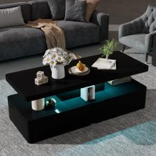 oneinmil Modern Black Coffee Table with 16-Color LED Lights and Double-Layer Storage – Ideal for Living Room Décor