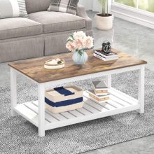 Modern Farmhouse Coffee Table with Rustic Brown Wood Grain Surface and White Finish – 39.4 Inch Rectangle with Storage Shelf