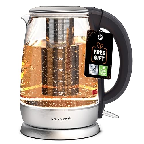 Vianté Electric Glass Tea Kettle with Removable Infuser, LED Illumination, and Stainless Steel Components – 1.7L Capacity for Rapid Boiling and Pure Brews