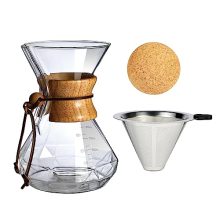 HYAXGM 27oz Pour Over Coffee Maker with Wood Handle and Cork Stopper - Elegant Glass Dripper with Double-Layer Stainless Steel Filter for Rich Coffee Flavor