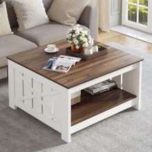 YITAHOME Square Coffee Table with rustic brown wood finish, featuring a sturdy 'X' frame design