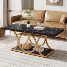 Tribesigns 47.24-Inch Rectangle Coffee Table with Black Faux Marble Top and Gold Geometric Metal Legs, featuring a 2-tier design for modern living rooms