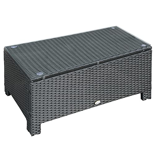 Ousunny Black Wicker Coffee Table with Tempered Glass Top – Elegant Outdoor Table for Patio and Garden