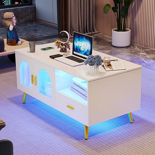 Modern LVSOMT 42.5'' LED Coffee Table in glossy white finish with tri-color LED lights, built-in charging station with USB ports, and sleek contemporary design, perfect for enhancing any living space