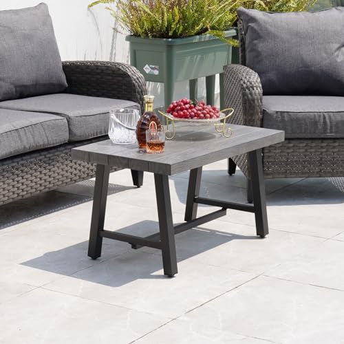 Modern 32-Inch Rectangle Outdoor Coffee Table with Faux Wood Top and Sturdy Steel Frame for Patio and Garden Use