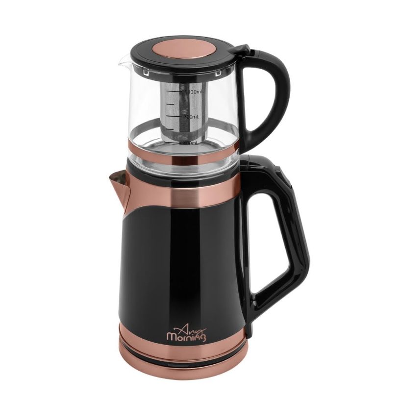 Any Morning Turkish Electric Tea Maker with a stainless steel kettle, glass teapot, and detachable filter, featuring a 360° swivel cordless base and blue LED indicator.