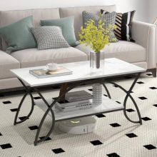 Modern 2-Tier Rectangular Coffee Table with White Faux Marble Top and Black Finished Metal Frame, featuring spacious top and open storage shelf, ideal for living rooms and small spaces