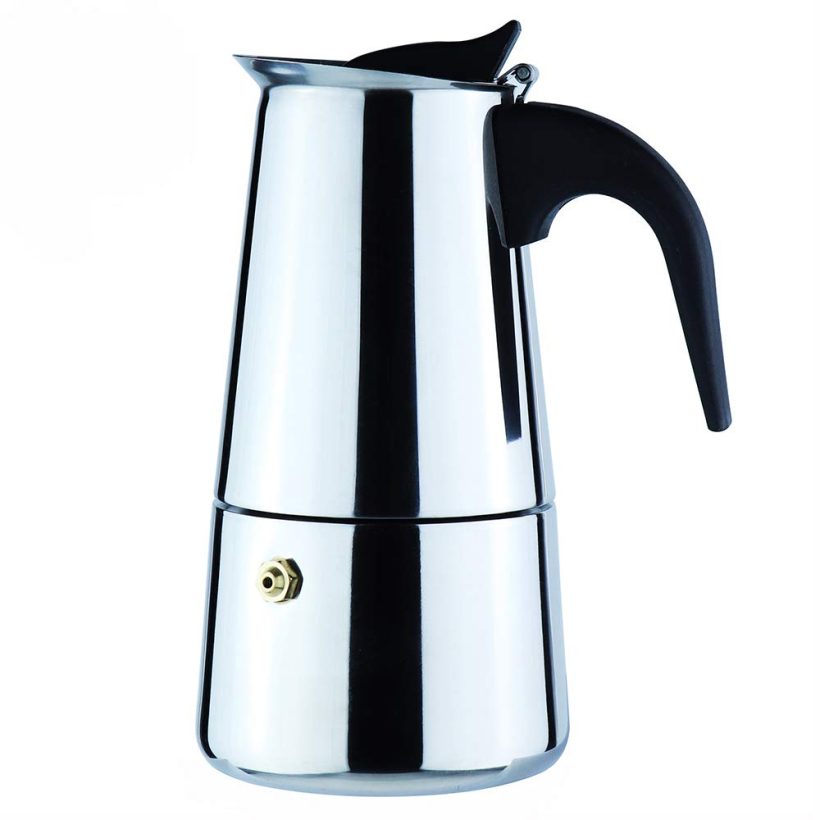 6-Cup Stainless Steel Stovetop Espresso Maker with black heat-resistant handle and permanent filter, perfect for brewing rich coffee at home or in the office