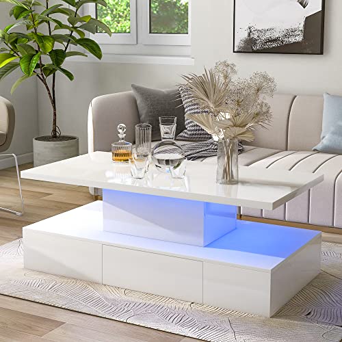 Modern white high gloss coffee table with multi-colored LED lights and storage drawer, perfect for living room decor.