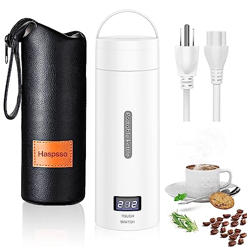 Haspsso Travel Electric Kettle with 304 stainless steel, 4 temperature settings, real-time LCD display, auto shut-off, boil dry protection, and a portable leather cup bag