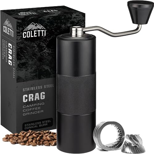 COLETTI Crag Manual Coffee Grinder in stainless steel with a burr grinding mechanism. Designed for camping, hiking, and travel, this rugged coffee grinder features adjustable grind settings and a compact, durable build