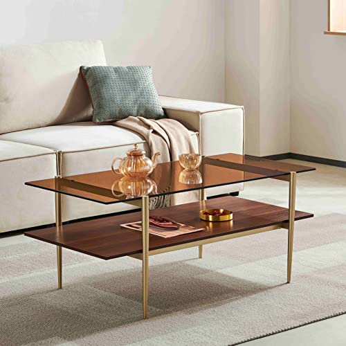 Saint Mossi double layer glass coffee table with a clear glass top, gold metal legs, and a chrome finish metal frame, placed in a stylish living room setting. 