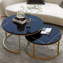 Elegant Round Nesting Coffee Tables Set with Faux Black Marble and Gold Metal Frame in Modern Living Room Setting