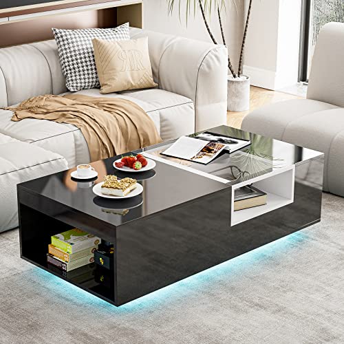 Modern black coffee table with LED lights, glass top, and three open storage cabinets, featuring a high-gloss finish and contemporary design for living rooms