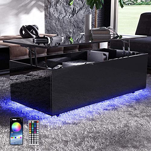 High gloss black lift-top coffee table with LED lights and hidden storage compartments. Features a sleek design with a floating tabletop, adjustable LED system, and sturdy wooden legs