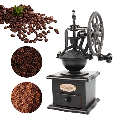 Antique-style black wooden manual coffee grinder with cast iron hand crank, perfect for fresh coffee and kitchen décor.