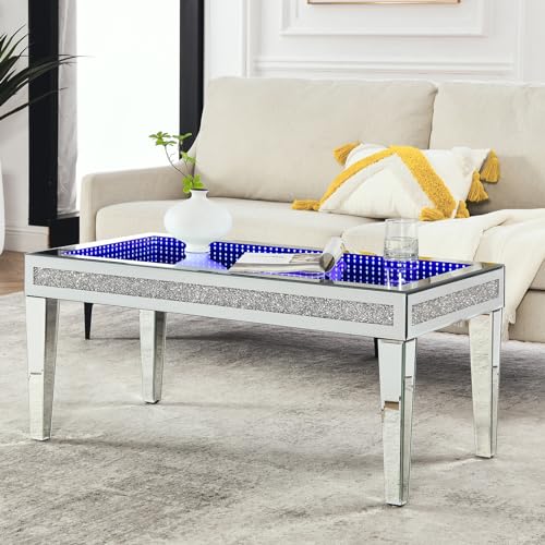 Mirrored Coffee Table with LED Lights and Crushed Diamond Design, Perfect for Living Room or Bedroom Decoration