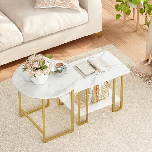 Set of two modern nesting coffee tables with faux marble tops and gold metal frames, displayed in a stylish living room setting.