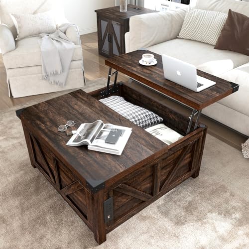 jimeimen Farmhouse Lift Top Coffee Table with Storage and Charging Station – Wood Square Center Table for Living Room and Home Office