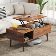 Modern lift-top coffee table with hidden storage and sleek design in a contemporary living room