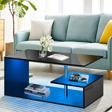 Modern black coffee table with LED lights, featuring an S-shaped design and three open storage tiers, perfect for contemporary living rooms and home offices.