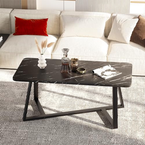 Modern Faux Marble Coffee Table with Black Metal Frame – Elegant Rectangular Design for Living Room and Office Use