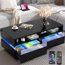 Modern Black LED Coffee Table with High Gloss Finish – 60000-Color App-Controlled Lighting and Spacious Storage for Living Room or Bedroom