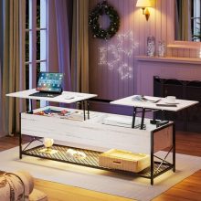 44” LED Lift Top Coffee Table in White - Modern Wooden Center Table with Storage, Charging Station, and Adjustable LED Lights