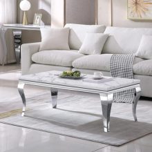 Modern White Marble Coffee Table with Silver Stainless Steel Legs – Luxury Rectangle Center Table for Living Rooms