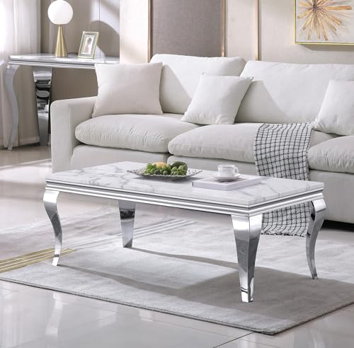 Modern White Marble Coffee Table with Silver Stainless Steel Legs – Luxury Rectangle Center Table for Living Rooms