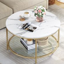 Modern Round White Marble Coffee Table with Glass Shelf - Elegant 2-Tier Center Table for Living Room with Black Metal Frame